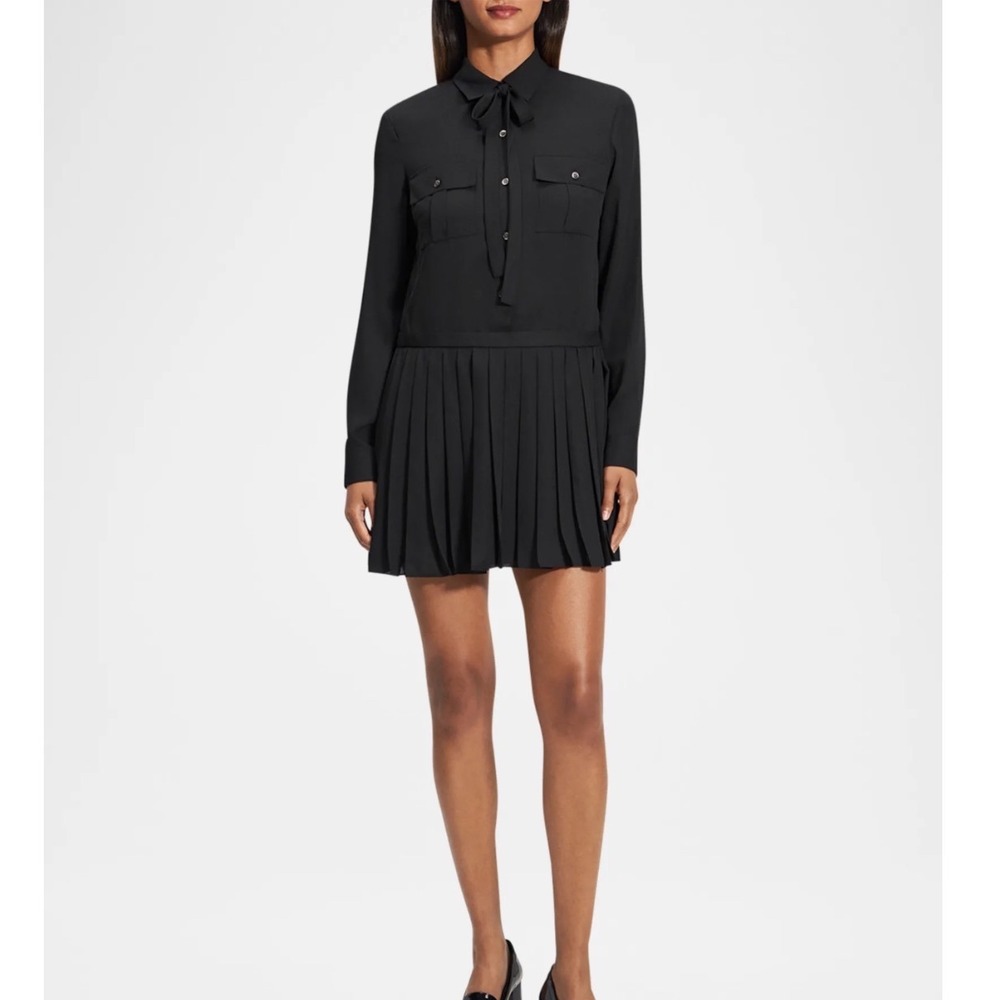 THEORY NEW Black Button Front Pleated Mini Dress Size Medium